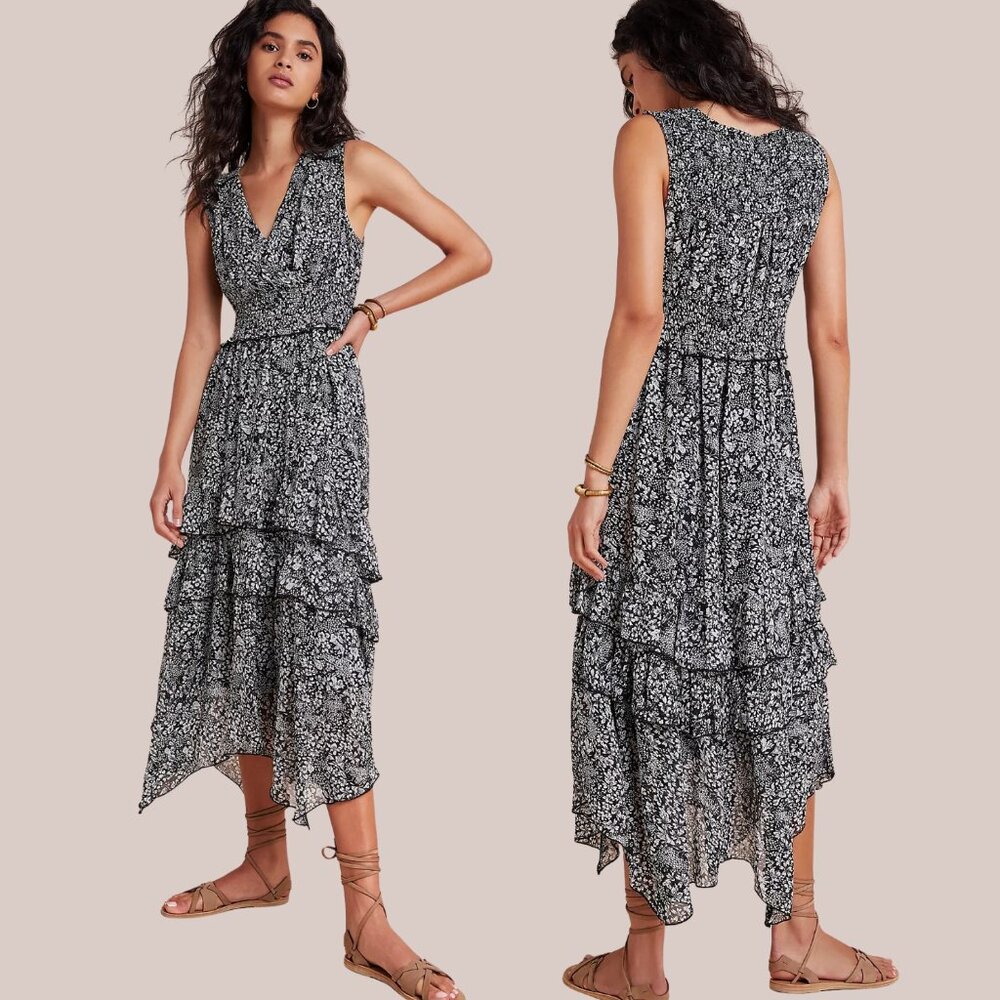 Sleeveless Black and White Floral Tiered Midi Dress